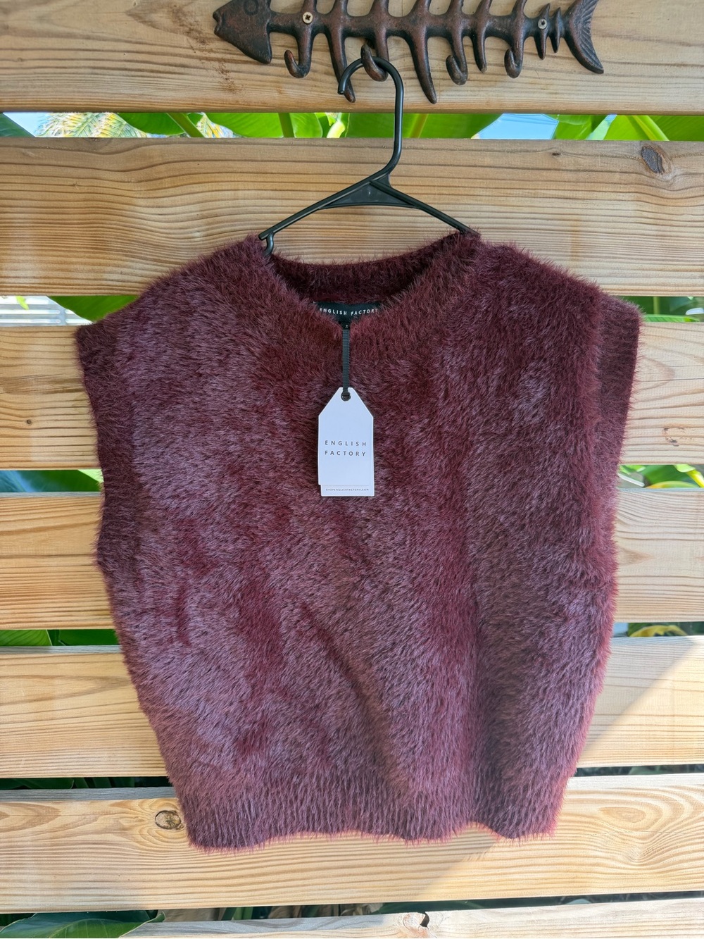 English Factory Fuzzy Sleeveless Crew Neck Sweater Vest in Burgundy Plum